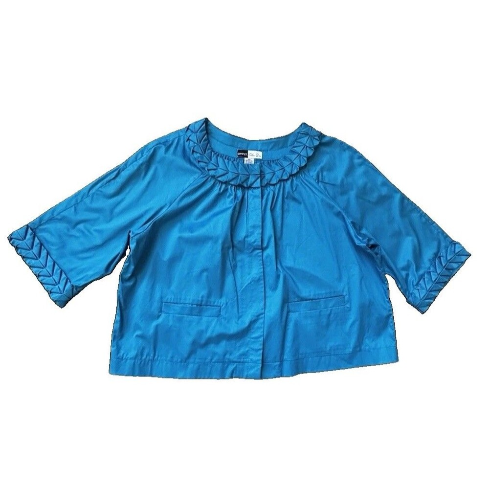 Simply. Chloe Dao Blue Twill Button Jacket Pleated Collar Pockets 3/4 Sleeve 2X